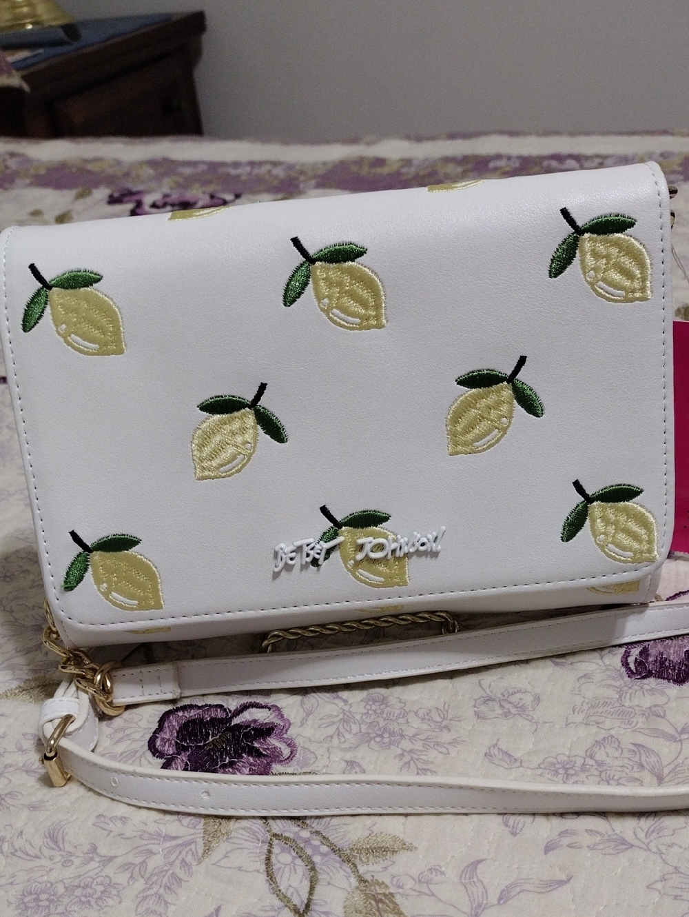 Betsey Johnson White Crossbody with Yellow Lemon Embroidery